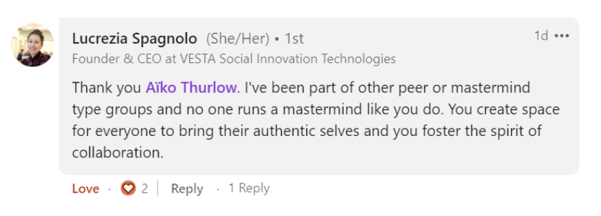 LinkedIn comment from Lucrezia Spagnolo, Founder and CEO at VESTA Social Innovation Technologies